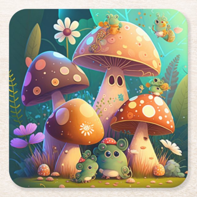 Lovely cute mushrooms   square paper coaster (Front)