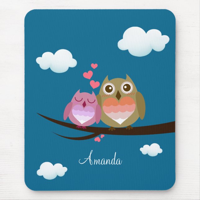Lovely Cute Owl Couple Full of Love Heart Mouse Pad (Front)