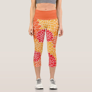 Lovely Dahlia Orange Red Brown Botanical Floral Capri Leggings