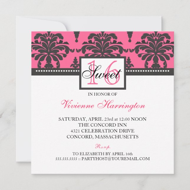 Lovely Damask Black & Hot Pink Sweet 16 Invitation (Front)