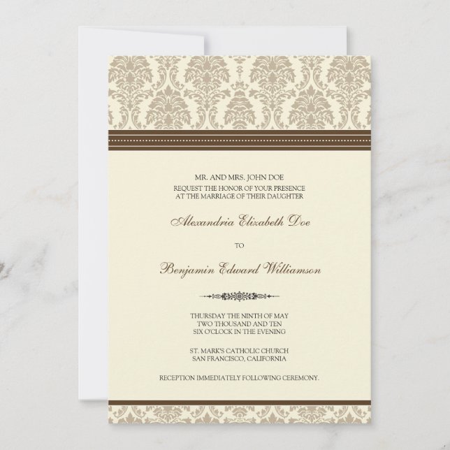 Lovely Damask Wedding Invitation (chocolate/cream) (Front)