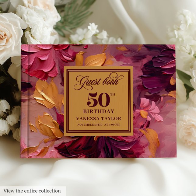 Lovely Dark Red Blush Gold Floral 50th Birthday Guest Book (Lovely Dark Red Blush Gold Floral 50th Birthday Guest Book)