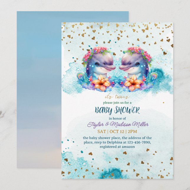 Lovely Dolphin Cute Twin Baby Boy Shower Invitation (Front/Back)