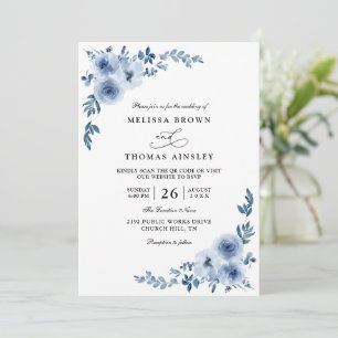 Lovely Dusty Blue Floral Elegant QR Code Wedding Invitation