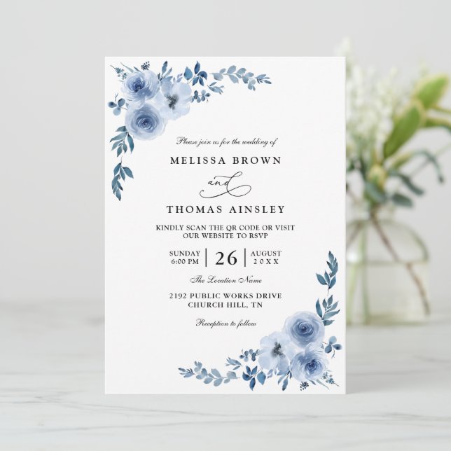 Lovely Dusty Blue Floral Elegant QR Code Wedding Invitation (Standing Front)
