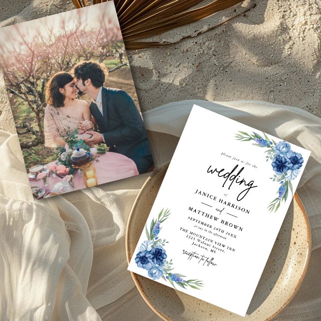 Lovely Dusty Blue Floral Photo Wedding Invitation (Creator Uploaded)