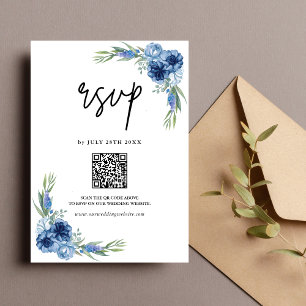 Lovely Dusty Blue Floral QR Code Wedding RSVP Card