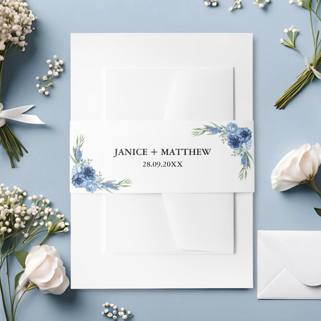 Lovely Dusty Blue Floral Wedding Invitation Belly Band (Creator Uploaded)