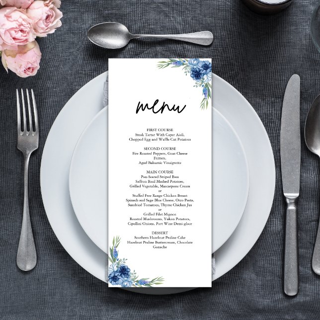 Lovely Dusty Blue Floral Wedding Menu (Creator Uploaded)