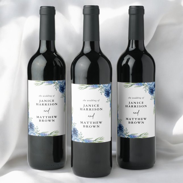 Lovely Dusty Blue Floral Wedding Wine Label (Creator Uploaded)