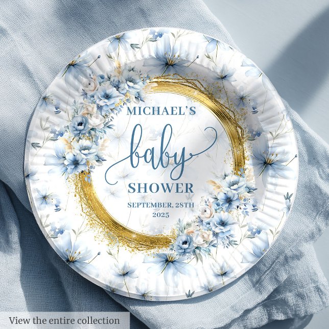 Lovely dusty blue flowers gold boho personalised   paper plate (Lovely dusty blue flowers gold boho personalized Paper Plates)