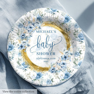 Lovely dusty blue flowers gold personalized baby  paper plate