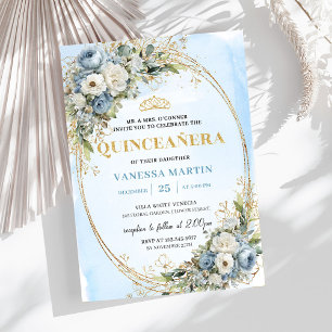 Lovely Dusty Blue Gold Greenery Quinceañera Invite