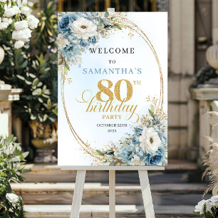 Lovely dusty blue watercolor florals gold 80th  poster