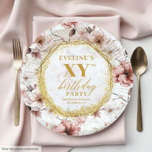 Lovely Dusty Pink Floral Birthday Paper Plates