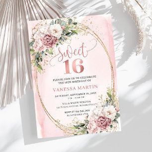 Lovely Dusty Pink Floral Greenery Sweet Sixteen  Invitation