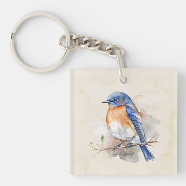 Lovely Eastern Bluebird Orange Blue Watercolor Key Ring (Front)