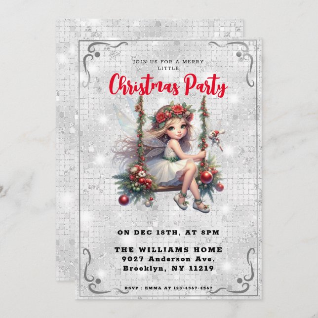 Lovely Fairy Silver White Glitter Christmas Party Invitation (Front/Back)