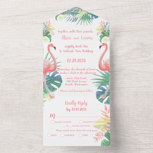 Lovely Fairy Tale For Two Flamingo Tropical Flower All In One Invitation (Inside)