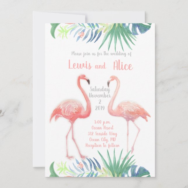 Lovely Fairy Tale For Two Flamingo Tropical Flower Invitation (Back)