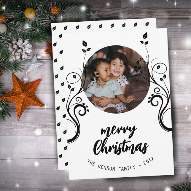 Lovely Family Photo Black Foliage Merry Christmas  Holiday Card (Creator Uploaded)