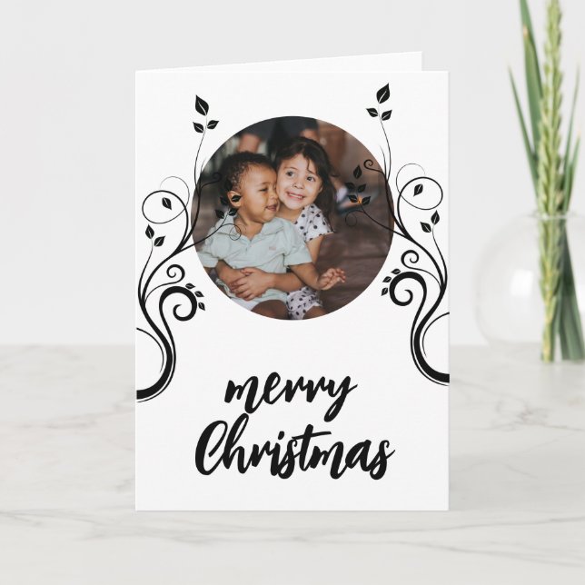 Lovely Family Photo Black Foliage Merry Christmas  Holiday Card (Front)