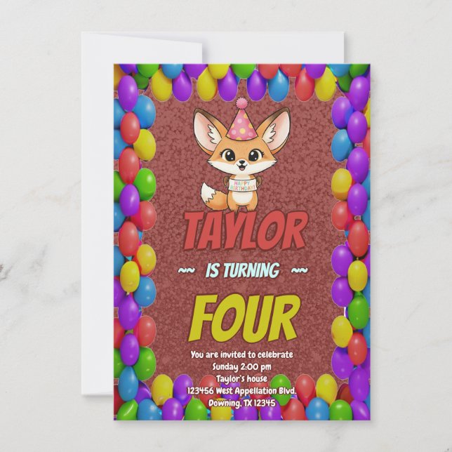 Lovely Fennec Fox 4th Birthday Invitation (Front)