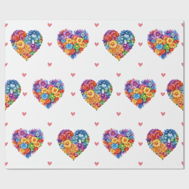 Lovely Floral Hearts on White Valentine's Day Wrapping Paper (Flat)
