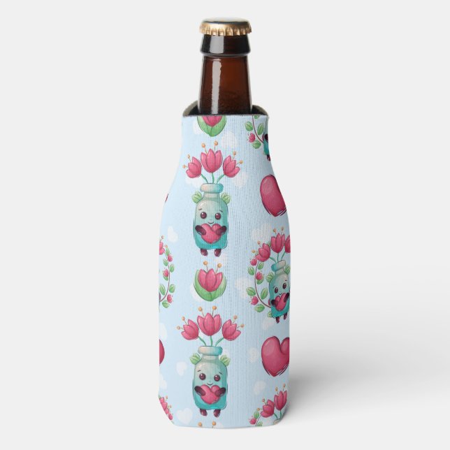 Lovely Floral Mason Jar Hearts Pattern Bottle Cooler (Bottle Front)