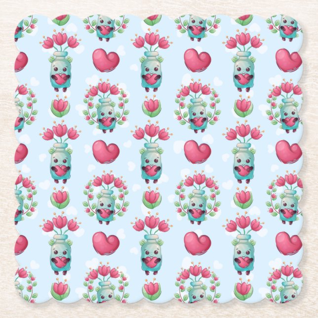 Lovely Floral Mason Jar Hearts Pattern Paper Coaster (Front)