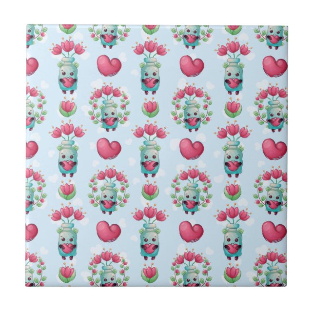 Lovely Floral Mason Jar Hearts Pattern Tile (Front)