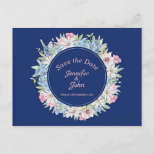 Lovely Floral Wreath Blue Wedding Save the Date Announcement Postcard