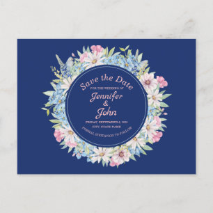 Lovely Floral Wreath Blue Wedding Save the Date Announcement Postcard