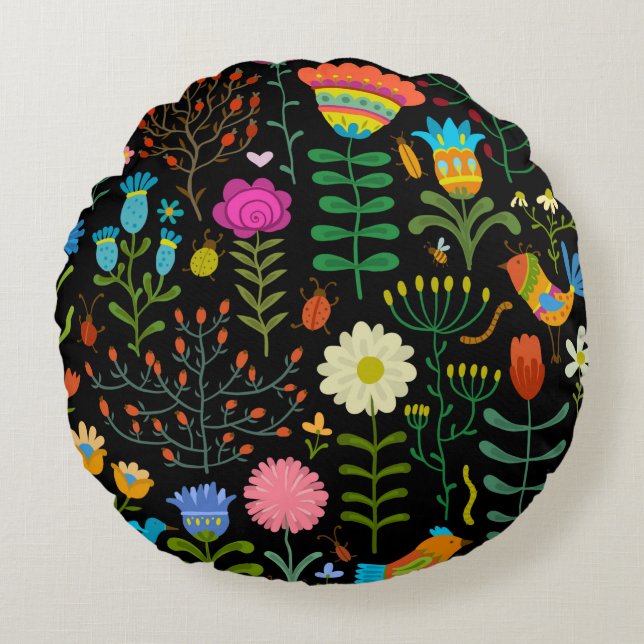 Lovely flowers hand drawn illustration pattern round cushion (Front)