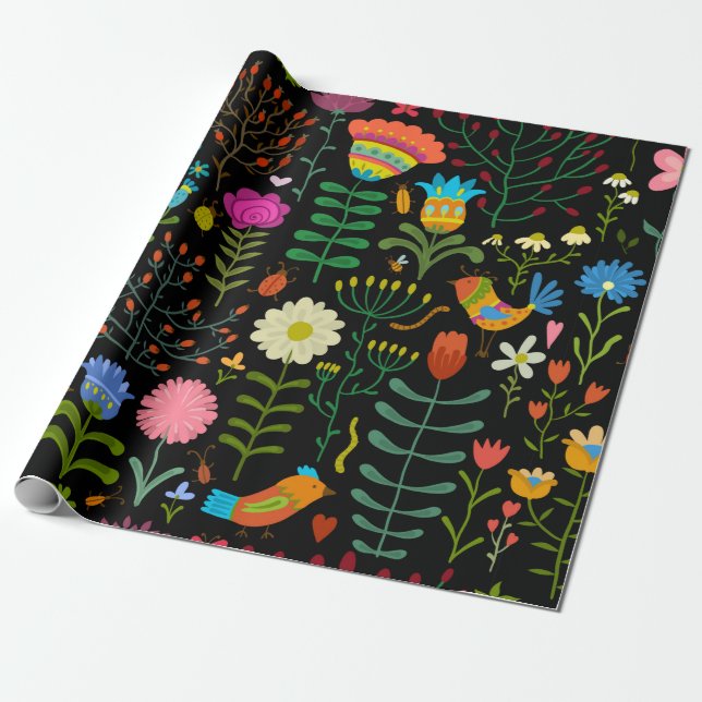 Lovely flowers hand drawn illustration pattern wrapping paper (Unrolled)