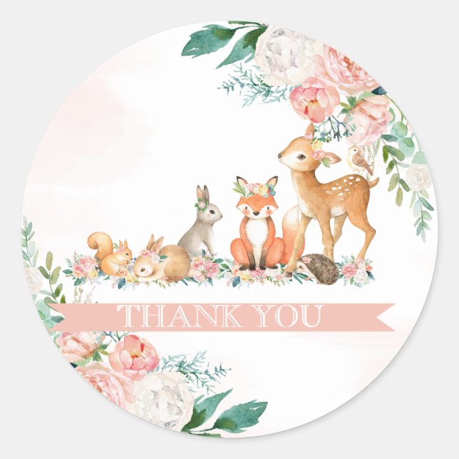 Lovely Forest Woodland Animals Girl Baby Shower Classic Round Sticker (Front)