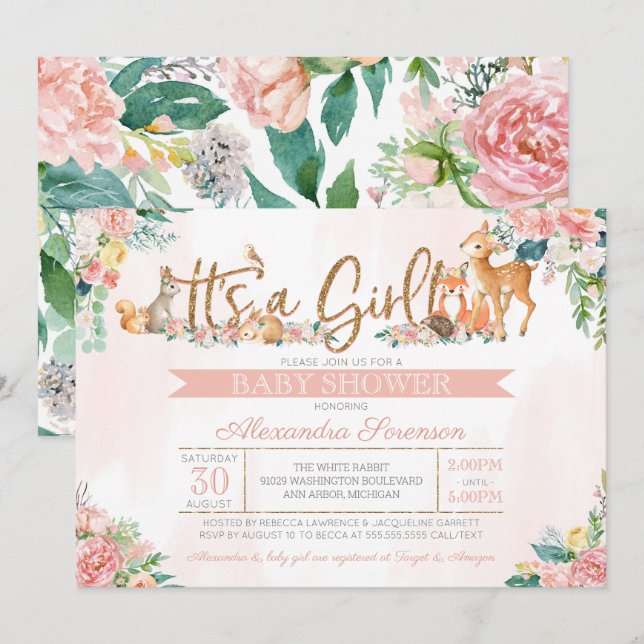 Lovely Forest Woodland Animals Girl Baby Shower Invitation (Front/Back)