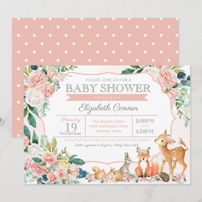 Lovely Forest Woodland Animals Girl Baby Shower Invitation (Front/Back)