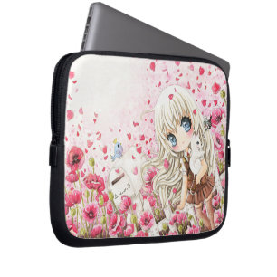 Lovely girl on the pink flowers field laptop sleeve