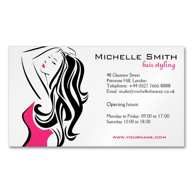 Lovely girl with wavy hair Hairstyling branding Magnetic Business Card (Front)