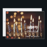 Lovely Golden Hanukkah Chanukah Menorah Lights  Invitation<br><div class="desc">A beautiful and impressive invitation of a lighted menorah and candles against a twinkling background and winter atmosphere.
The details on the back of the card for you to personalise.
Have a happy Holidays ❀</div>