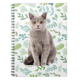 Lovely Gray Cat with Flowers and Leaves Pattern Notebook