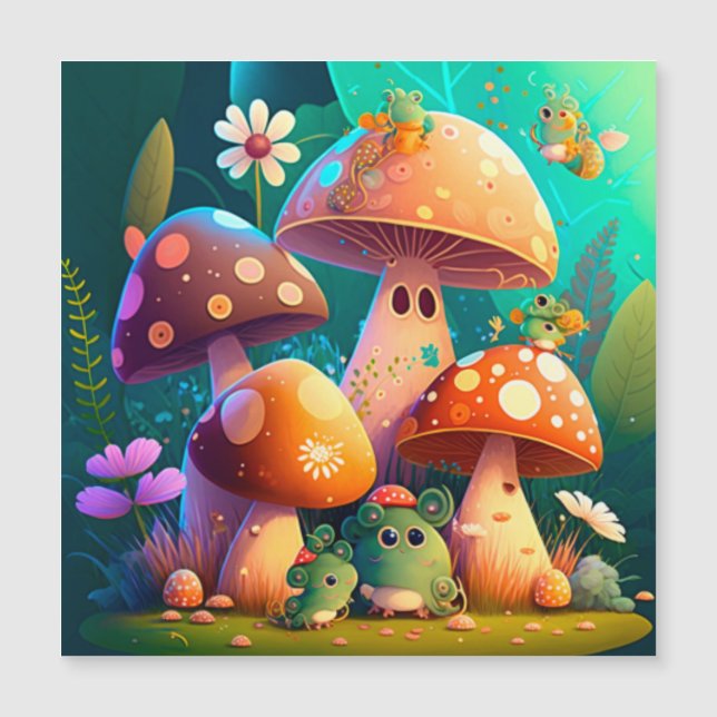 Lovely green cute baby mushrooms       magnetic invitation (Front)