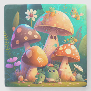 Lovely green cute baby mushrooms       stone coaster