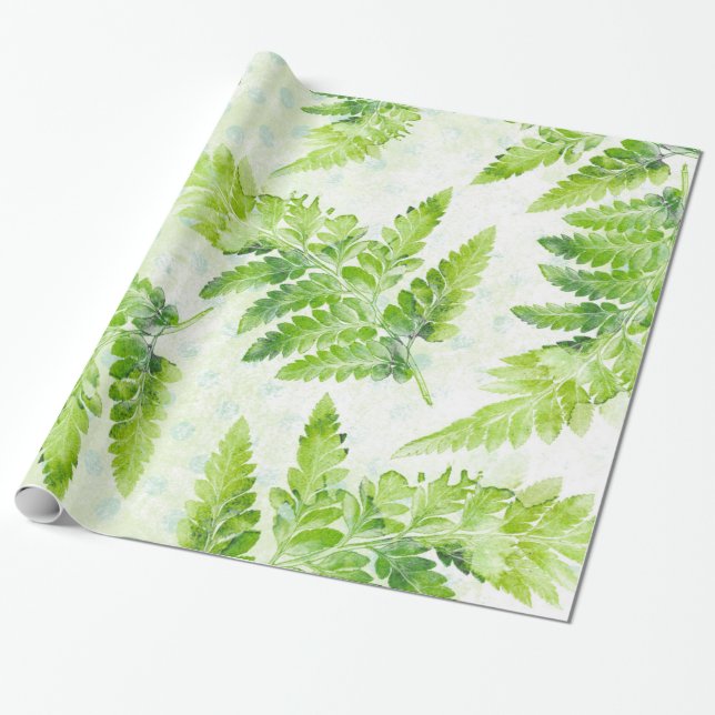 Lovely Green Fern Botanical Watercolor Pattern Wrapping Paper (Unrolled)