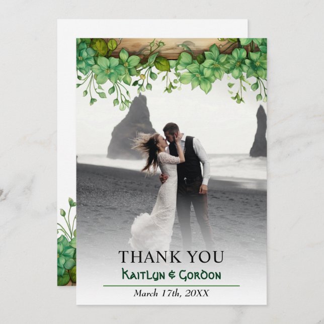 Lovely greenery St Patricks Day wedding photo Thank You Card (Front/Back)