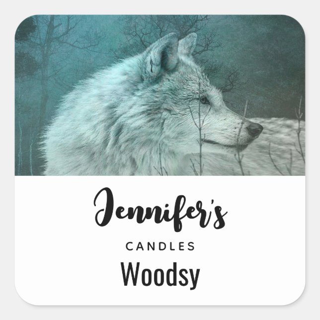 Lovely Grey Wolf in a Dark Forest Candle Business Square Sticker (Front)