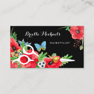 Lovely Hairstylist Red Poppy Floral With Scissors Business Card