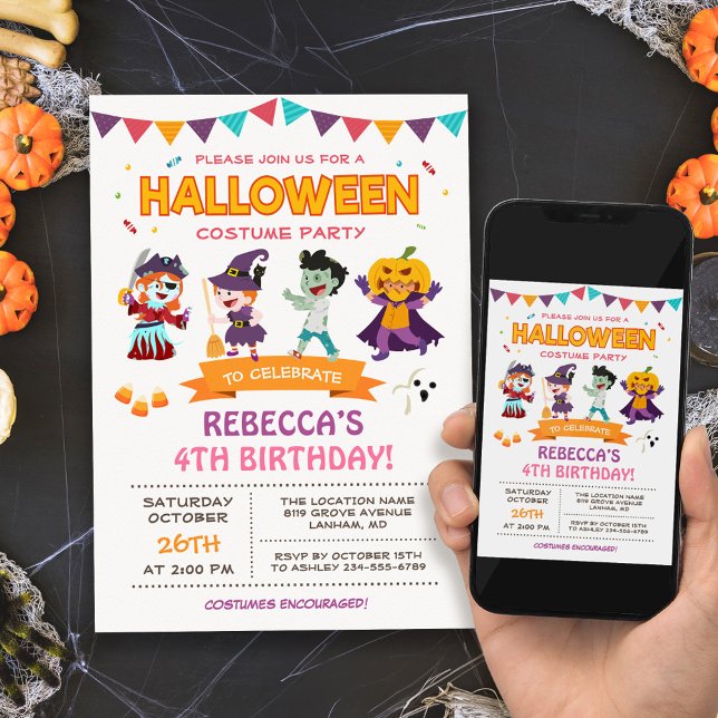 Lovely Halloween Kids Costume Party Invitation (Perfect choice for a kids' Halloween costume party, school event, or neighborhood gathering.)