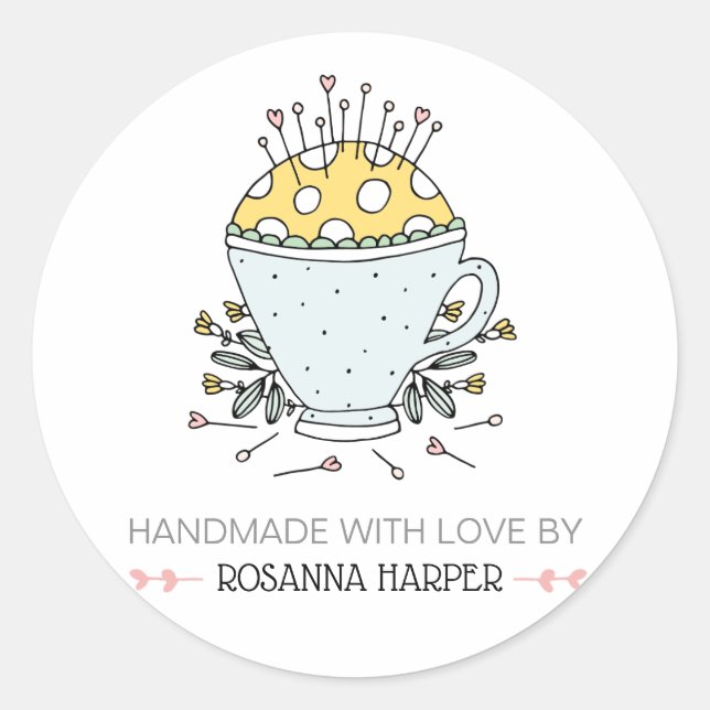 Lovely Hand-drawn Pincushion Quilter Sewing Biz Classic Round Sticker (Front)